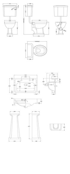 the technical drawing shows different types of toilet and bidet, as well as measurements for each