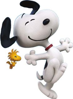 a cartoon dog is playing with a little yellow bird in front of the snoopy character