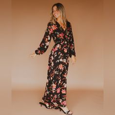 Black Floral Print Long Sleeve Maxi Dress With Surplice Bust, Elastic Waist, And Waist Tie. 100% Polyester Model Is 5'6" And Wearing A Small. Fit Tip: Standard Fit Size Guide For This Item: S: Chest: 34-35" Waist: 27-28" Hips 36-37" M: Chest 36-37" Waist: 29-30" Hips 38-39" L: Chest 38-39" Waist: 31-32" Hips 40-41" Floral Dress Outfits, Black Floral Maxi Dress, Black Floral Print, Floral Dresses, Long Sleeve Maxi, Floral Maxi, Long Sleeve Maxi Dress, Floral Maxi Dress, Waist Tie