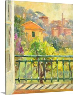 an oil painting of a balcony with trees and buildings in the background, on canvas