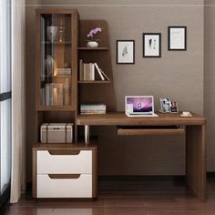 a wooden desk sitting in front of a book shelf next to a white drawer on top of a hard wood floor