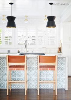 two stools sitting in front of a kitchen island