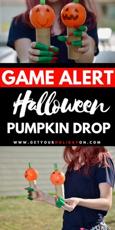 a girl holding pumpkins with the words game alert halloween pumpkin drop in front of her