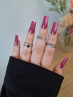 Chrome And Pink Nails, Magenta Chrome Nails, Bright Pink Chrome Nails, Pink Chrome Acrylic Nails, Pink Chrome Nails Designs, Pink Metallic Nails, Baby Pink Chrome Nails, Chrome Pink Nails, Pink Chrome Nail