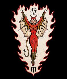 an image of a woman with fire on her body and wings above her head, in the shape of a demon