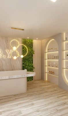 the interior of a spa with white walls and wooden floors, lighted by neon lights