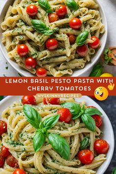 two plates of pasta with cherry tomatoes and basil