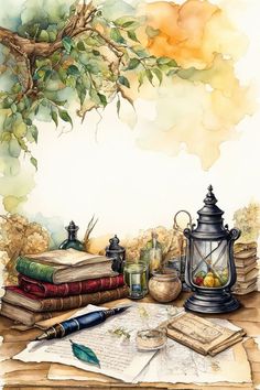 watercolor painting of books, lantern and ink pen on table with tree branch in background