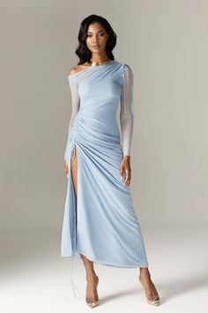 Dua Organza Ruched Mesh Long Sleeve Cut Out Maxi Dress (Soft Blue) Pastel Dress Outfit Wedding, Icy Blue Dress, Ethereal Goddess, Pastel Blue Dress, Bridesmaids Proposal, Cut Out Maxi Dress, Glam Party, Duchess Satin, Purple Mini Dresses