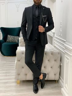 Forenzax Black Slim Fit Suit-baagr.myshopify.com-1-BOJONI All Black Suit Homecoming Men, Black Suit Black Shirt Men, All Black Suits For Men, Black On Black Suit Wedding, Black Suit With Black Shirt, All Black Tux Wedding, All Black Suit Men, All Black Suits, Black Prom Suit