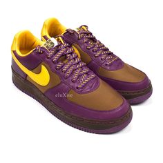 NWT 2006 Nike Air Force 1 Low Inside Out 'Germany' (312486-272) Guaranteed 100% authentic and genuine RARE SNEAKER, AMAZING MATERIALS! New / unworn Deadstock 2006 release Purple premium leather and brown woven fabric upper Matte textured yellow Nike swoosh logos on sides  Special tongue label with German text Yellow leather lining with laser etched pattern Dark brown leather midsole with laser etched pattern and debossed 'Air' Logo Purple and yellow woven laces Purple rubber outsole Comes with original box   Size 9 US All pictures were shot by us and show the exact item for sale. German Text, Air Logo, Logo Purple, Rare Sneakers, Yellow Nikes, Nike Swoosh Logo, Cap Mens, Nike Air Force 1 Low, Rubber Shoes