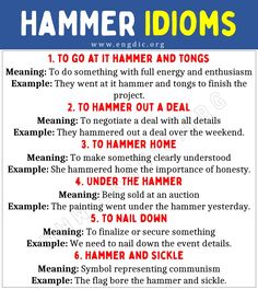 a sign that says hammer idoms with instructions on how to use them in english