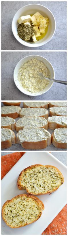 the process to make garlic bread is shown in three different stages, including being cut into slices