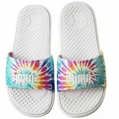 Nwt Puma Authentic Cool Cat Sport Womens Tie Dye White Slip On Slides Sandals Slip On Tie Dye Comfort Short Super Comfortable Brand New Purple Slip-on Slides For Summer, Purple Slip-on Slides For Beach, Multicolor Slip-on Slides For Summer, Puma Cool Cat Slides, Multicolor Non-slip Slides For Beach, Gold Slippers, Puma Rihanna, Cat Tie, Pink Slides