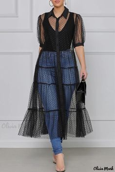 Olivia Mark - Elegant Black Casual Dress with Delicate Patchwork and Sheer Design, featuring a Stylish Turndown Collar and Short Sleeves Shirt Collar Styles, Sheer Kimono, Dress Sleeve Styles, Perfect Prom Dress, Black Dresses Casual, Turndown Collar, Hip Dress, Polyester Dress, Maxi Dresses Casual