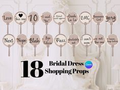 These fun editable wedding dress shopping voting cards are sure to impress your bridesmaid and make saying yes to the dress a fun, memorable experience. It's a sticker printable that you have to assemble on foam board. There are printing and setup tutorials (both a DIY and lab printer suggestions). These dress shopping paddles stickers  have unique boho elements that are classy but simple. Best of all you an change them up for all your favorite sayings.  Fully editable in Canva (for free), oh an Signs For Dress Shopping, Say Yes To The Dress Signs, Wedding Dress Shopping Signs, Stars Wedding Dress, Said Yes To The Dress, Stars Wedding, Sticker Printable, Photograph Display, Boho Elements