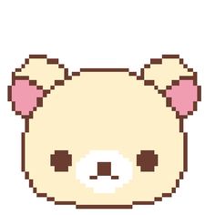 a pixel art teddy bear with pink bows on it's head and eyes looking to the side