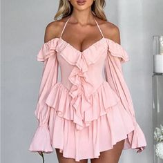 Super Cute And Stylish Ships In 5-10 Business Days Winter Mini Dresses, Flare Sleeve Dress, Ruffle Long Sleeve, Ruffle Mini Dress, Night Out Dress, Romper Dress, Pink Mini Dresses, Long Sleeve Romper, Sleeved Romper