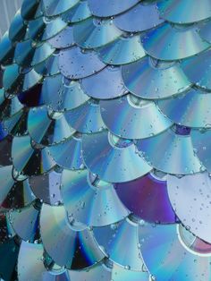 an array of cds with drops of water on them, all in different colors and sizes