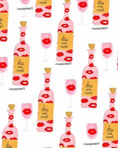 watercolor painting of wine bottles and glasses with red lipstick on them, as well as the words kiss me more