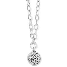 This circular pendant necklace with mesmerizing swirls and scrolls has the look of handmade silver artistry from Taxco, Mexico. Color: Silver Closure: Lobster Claw Length: 17" - 21" Adjustable Pendant Drop: 1 5/8" Finish: Silver plated Loop Pendant, Dangle Necklaces, Charm Necklace Silver, Brighton Jewelry, Handbag Charms, Oval Pendant, Silver Heart, All You Need Is, Handmade Silver