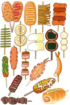 an assortment of different types of food on sticks and skewers, including hot dogs