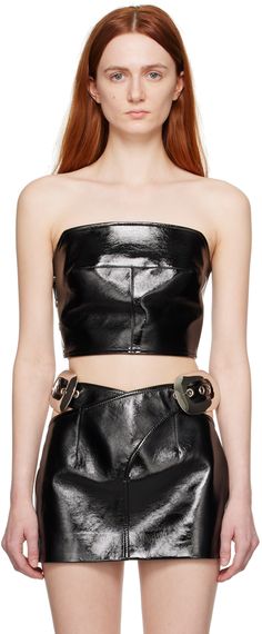 Lacquered grained faux-leather camisole. · Straight neck · Dart at chest · Press-stud closure at side seam · Full cotton poplin lining Wholesale exclusivity at SSENSE. Supplier color: Black Button Corset, Leather Bustier Top, Leather Camisole, Leather Tank Top, Leather Bustier, Faux Leather Coat, Black Camisole, Mid Length Skirts, Faux Leather Skirt