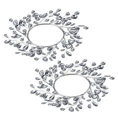 two silver metal wreaths with leaves and branches on each side, set against a white background