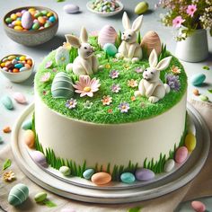 an easter cake decorated with grass, eggs and bunnies is on a table surrounded by candy