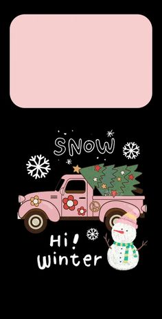 a pink truck with a christmas tree in the back and snow written on it's side