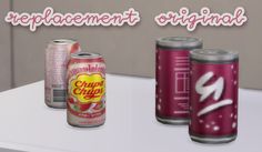 three cans of soda on a table with the caption replapsement original