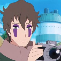 an anime character holding a camera in front of a building with blue sky and clouds