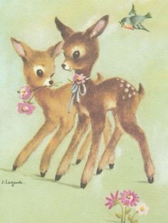 two baby deer standing next to each other on a green background with flowers and birds