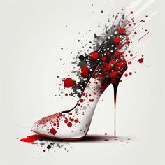 a high heeled shoe with red and black splatters on the side, in front of a white background