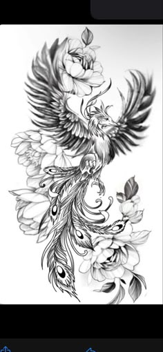 a black and white drawing of a bird with flowers on it's back side