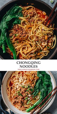 two images with noodles and vegetables in them, one has chopsticks on the side