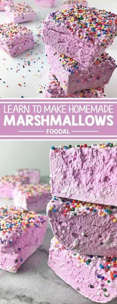 homemade marshmallows are stacked on top of each other with sprinkles