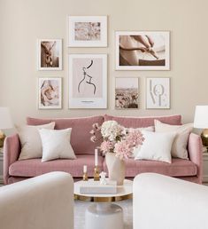 a living room filled with lots of furniture and pictures on the wall above it's coffee table