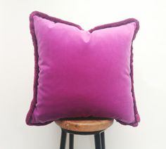 Beautiful decadent orchid pink velvet pillow! A stunning purpley pink velvet with a cotton fuschia fringe brush trim. A stunning and sumptuous addition to any home. 100 % cotton velvet Invisible zipper closure  Dry clean only / Machine wash cold gentle cycle . Purple Velvet Pillows, Dusty Pink Velvet Pillow, Purple Velvet Pillow, Magenta Pillows, Pink Velvet Pillow, Pillows Diy, Velvet Pillow, Purple Velvet, Diy Pillows