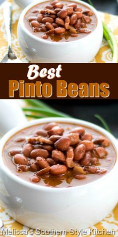 two bowls filled with beans on top of a table