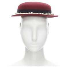 MAISON MICHEL Melanie Pearles burgundy red wool felt topper fedora hat 54cm Reference: MELK/A00155 Brand: Maison Michel Material: Wool Color: Burgundy Pattern: Solid Extra Details: Faux pearl embellishment. CONDITION: Condition: Unworn in mint condition, with tags. Comes with: Designer tags. SIZING Designer size: M MEASUREMENTS: Hat height: 5cm / 2" Brim width: 3cm / 1.2" Circumference size: 54cm / 21.1" This Maison Michel item is authentic. Italian Hat, Leather Beret, Felt Crown, Straw Fedora Hat, Raffia Hat, Lace Veils, Miuccia Prada, Red Felt, Wide Headband