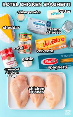 the ingredients needed to make chicken spaghetti on a plate