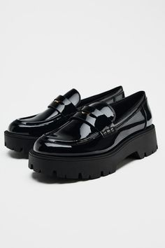 TREADED SOLE LOAFERS - Black | ZARA United States Zara Loafers, Patent Leather Loafers, A Penny, Cardigan Sweater Dress, Leather Shirt, Zara Shoes, Lug Sole, Shoes Trainers, Zara Black