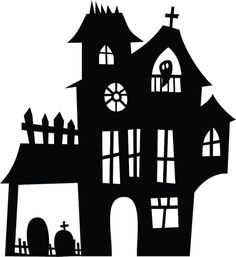 a black and white silhouette of a house with graveyards on it's sides