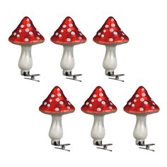 six red and white glass mushrooms with polka dot dots on them, set of 6