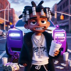 a cartoon character holding a cup and wearing headphones on the street with other cars in the background