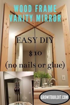 a bathroom mirror with the words easy diy $ 10 no nails or glue