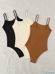 Orcajump - Solid Spaghetti Strap Bodysuit 3 Pack, Casual Sleeveless Cami Bodysuit, Women's Clothing Beach Tank Top With Spaghetti Straps In Solid Color, Solid Color Spaghetti Strap Tank Top For Beach, Solid Cami Bodysuit With Lined Body, Solid Color Cami Bodysuit With Lined Body, Casual Solid Stretch One Piece, Casual Solid Stretch One-piece, Casual Solid Color Stretch One-piece, Trendy Seamless Bodysuit With Spaghetti Straps, Beach Camisole Bodysuit