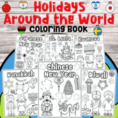 the holidays around the world coloring book is shown with pictures and words to color on it