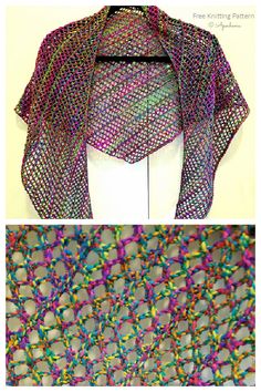 two pictures with different colored yarns on them and one has an open knitted shawl